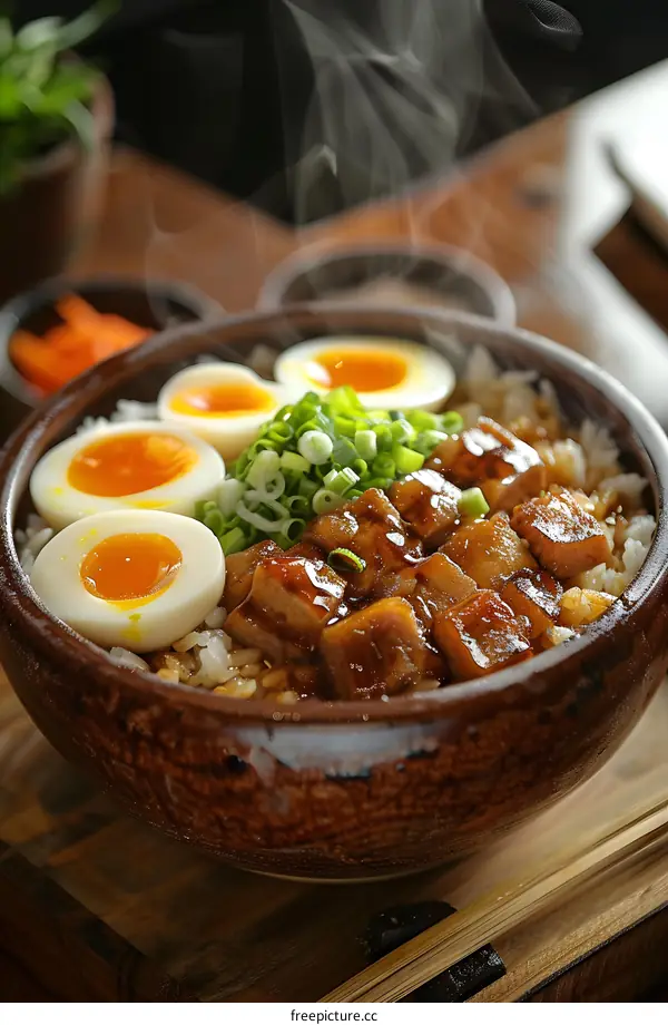 A bowl of rice topped with braised pork and a soft-boiled egg