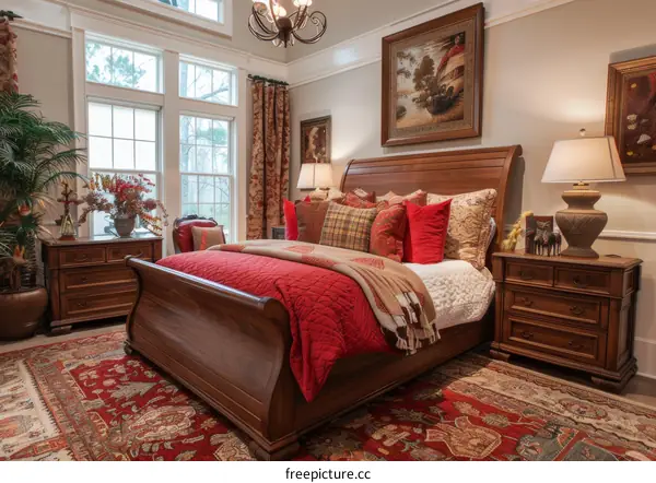 A bedroom with a sleigh bed, a sitting area, and a large rug.