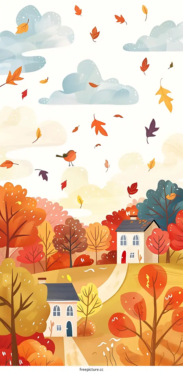 Autumn Landscape Illustration with Houses and Falling Leaves