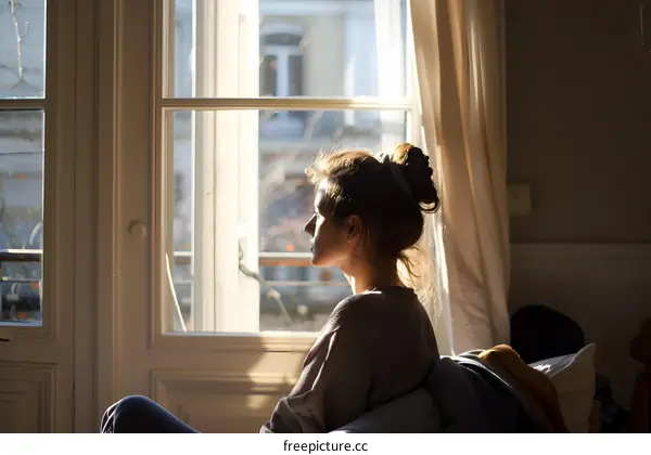 Woman Sitting by Window Looking Out at City