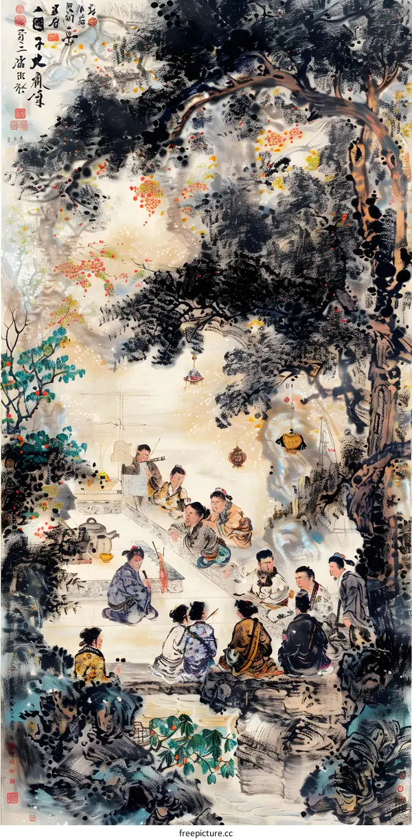 Traditional Chinese Painting of People Gathering Under a Tree