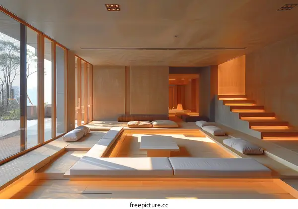 A sunken living room with a large window looking out onto a city skyline