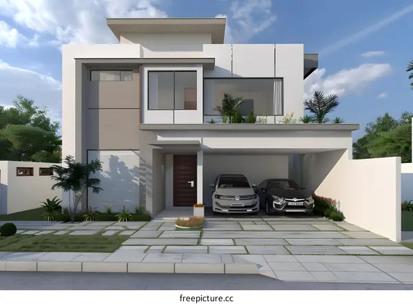 Modern Two Story House Design with Carport and Green Grass