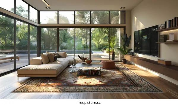 Luxury Modern Living Room with Large Windows and Garden View