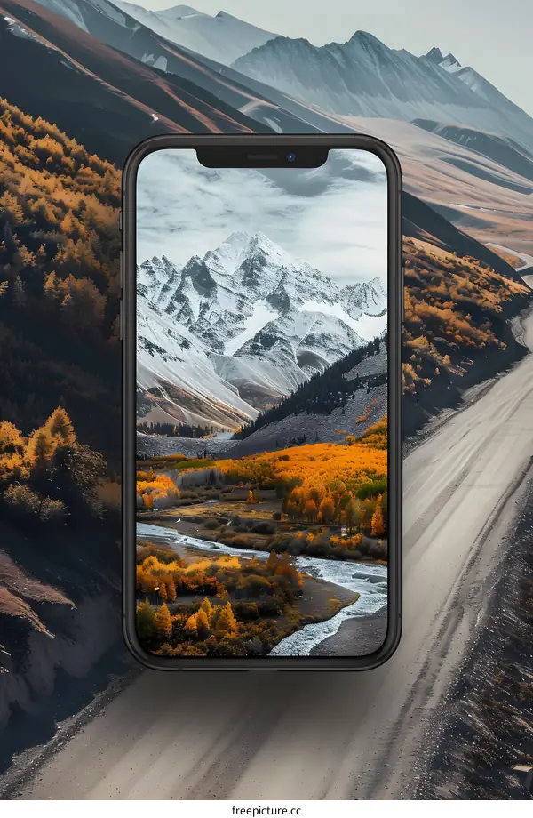 Smartphone with Mountain Landscape Screen Wallpaper