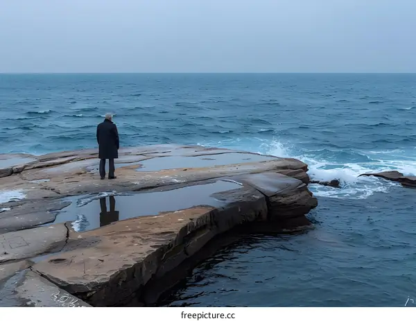 Man Standing On The Rocky Coast Looking At The Ocean