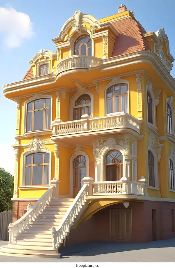 Luxury Yellow House with White Stone Stairs