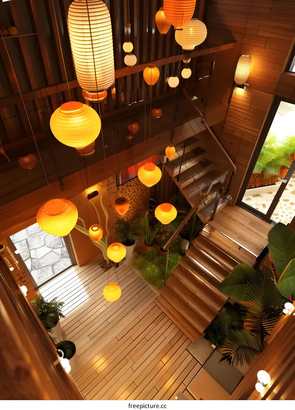 Modern Interior Design with Wooden Stairs and Hanging Lights