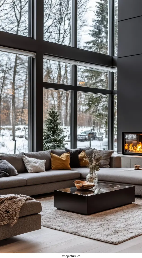 Modern Cozy Living Room with Large Windows