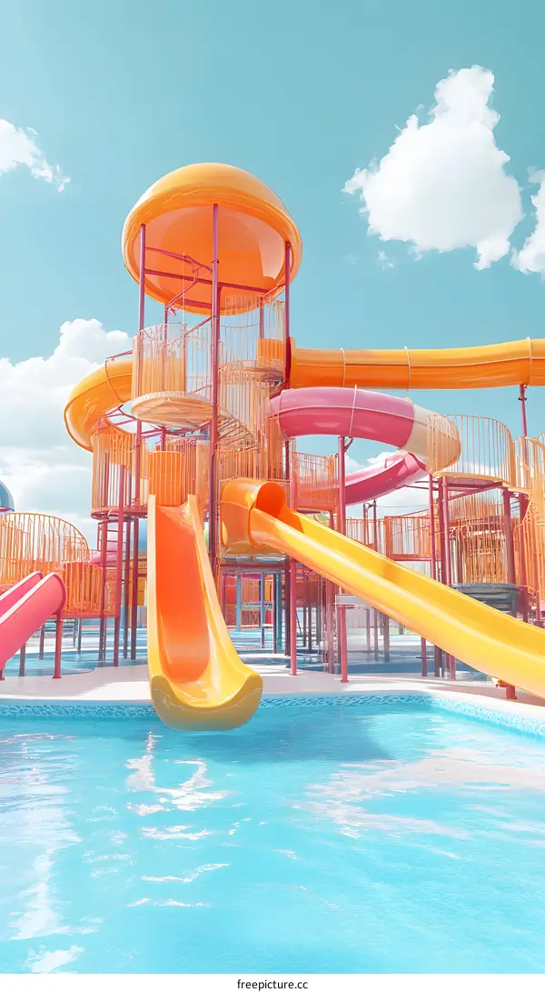 Orange Water Slide and Blue Pool at Water Park