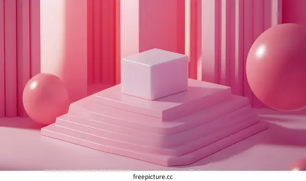 Pink Abstract Geometric Background with Cube and Spheres