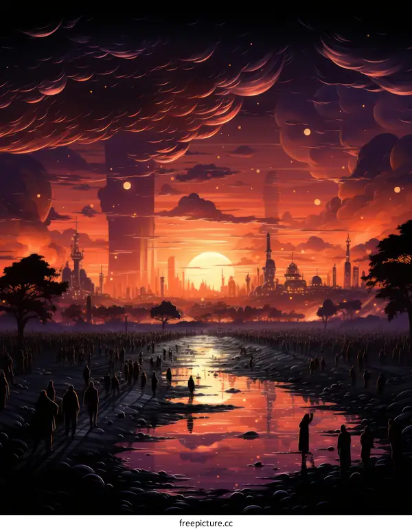 People walking toward a city with a setting sun in the background