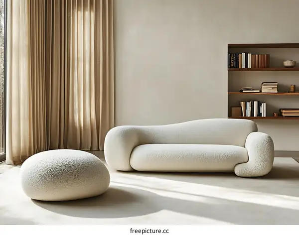 Modern Beige Living Room Sofa Set with Cushioned Ottoman