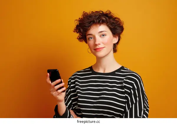 Stylish Woman Holding Phone on Bright Orange Background