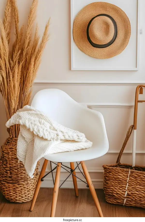 White Chair with Knit Blanket and Pampas Grass in a Minimalist Interior