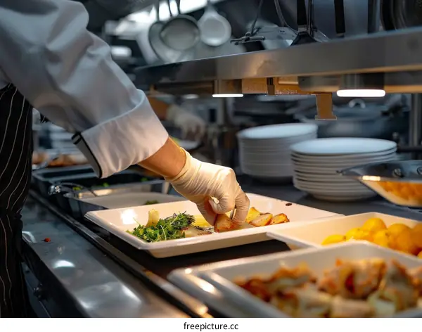 Glove-wearing chef carefully plating a dish