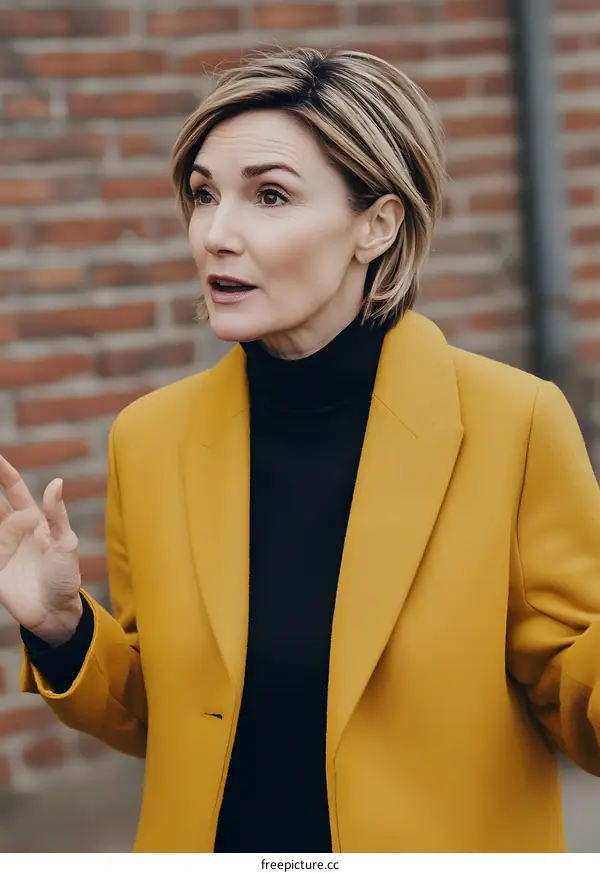 Woman In Yellow Coat Talking