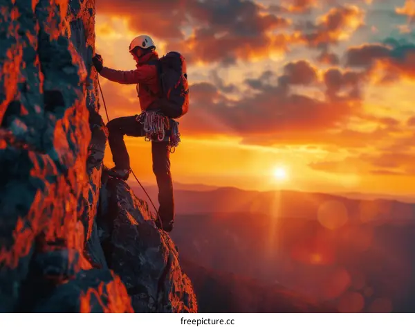 A rock climber scales a sheer cliff face as the sun sets behind him