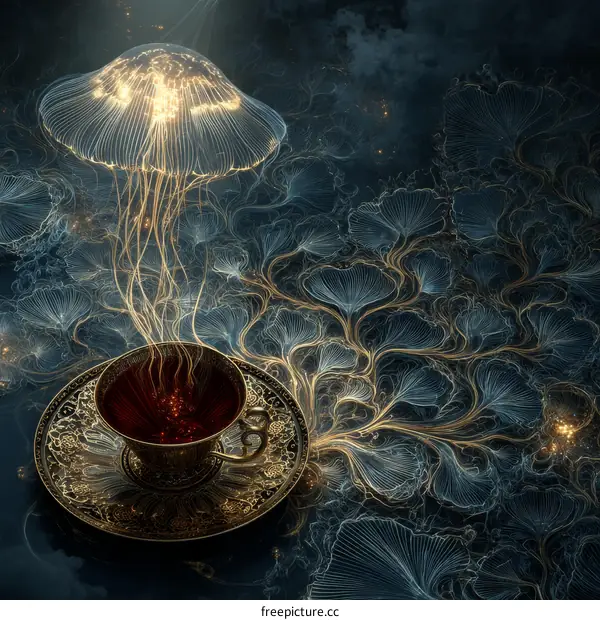 Golden Tea Cup with a Glowing Jellyfish in a Fantasy Landscape