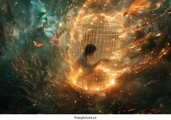 boy in a golden cage in the middle of a forest surrounded by fairies
