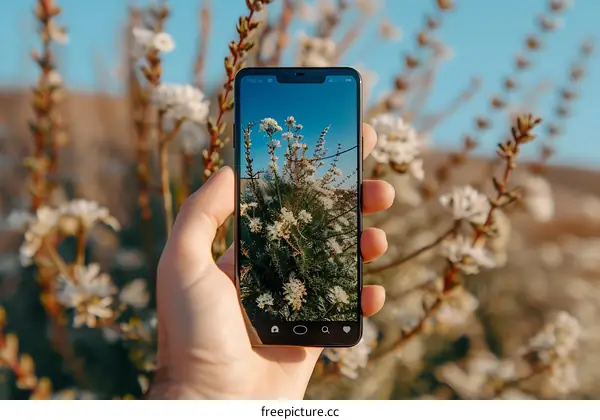 Hand Holding Smartphone Taking Photo of Flowers
