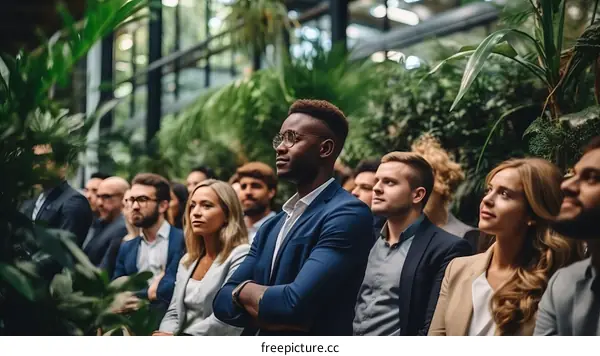 A group of diverse business professionals listening attentively at a conference