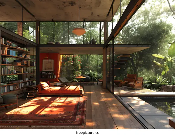 The sunlit interior of a modern home with a large living area and a wall of bookshelves.