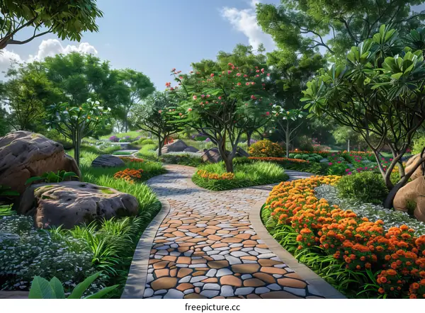 Landscaping with Large Rocks and Colorful Flowers