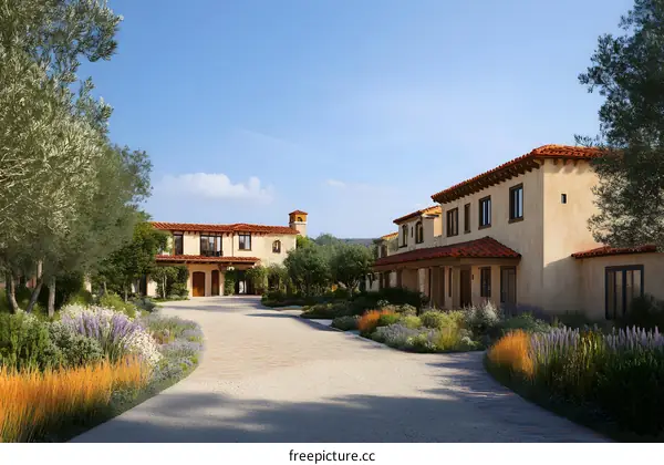Tuscan Style Homes with Gravel Driveway and Lush Landscaping