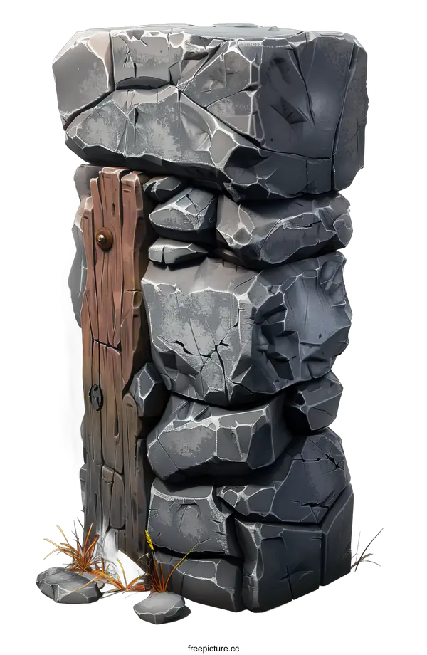 [Transparent Background PNG]grey stone pillar with a wooden door