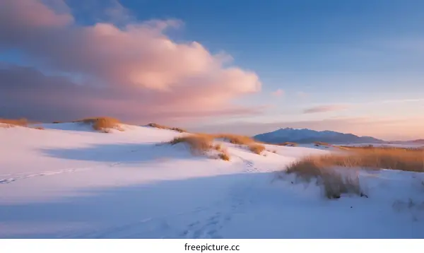 Snow-covered sand dunes under blue sky with pink clouds