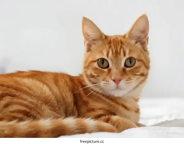 Cute Orange Tabby Cat Lying on White Surface