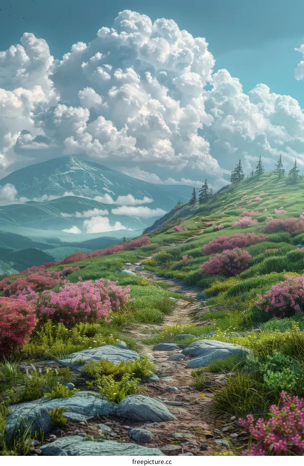 mountain path through a field of flowers