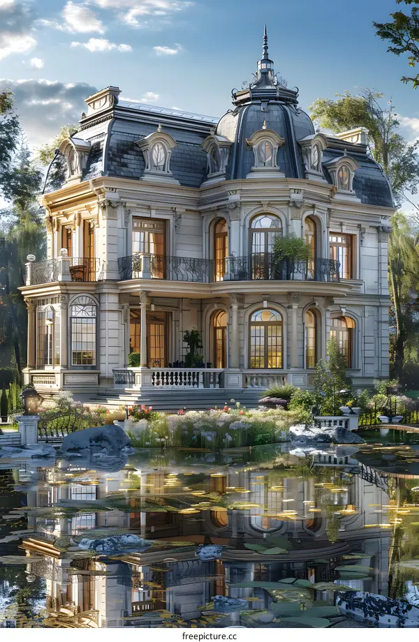 European-style villa with a beautiful reflection in the water