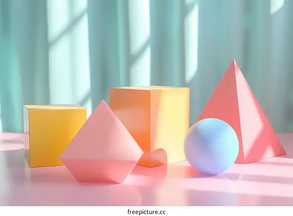 Still life of geometric shapes on pink table with blue background