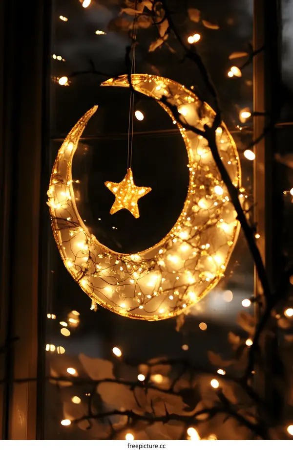 Golden Crescent Moon Decorated with Twinkling Lights
