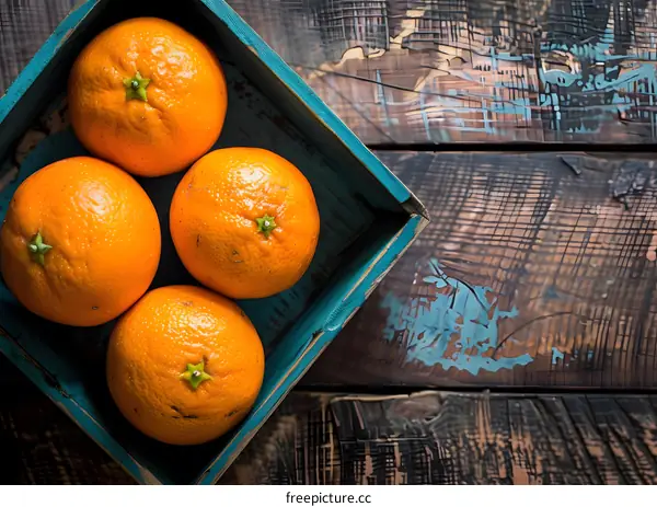 Fresh Oranges in a Blue Crate on a Wooden Background