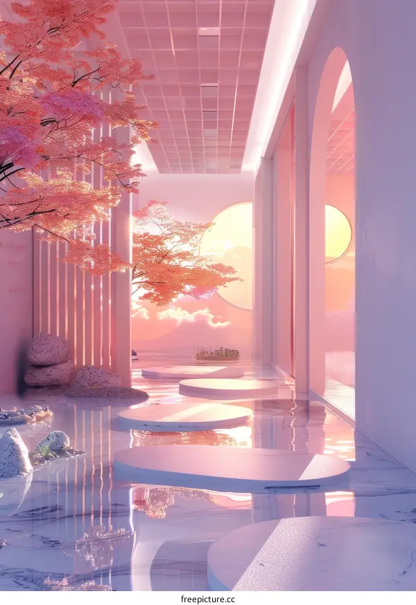 Pink and white surreal landscape with pink trees and sunset