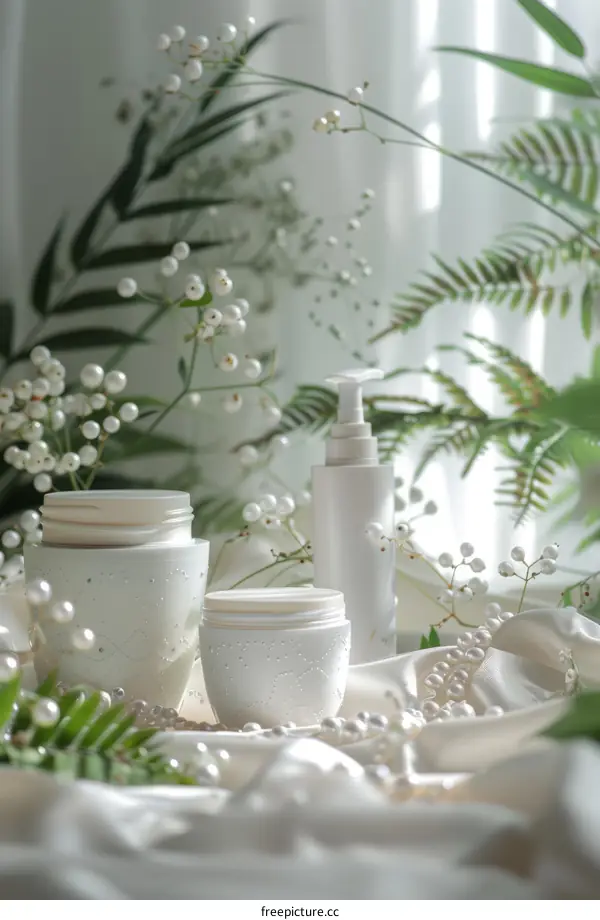 Luxury Natural Skincare Products with Green Leaves and Pearls