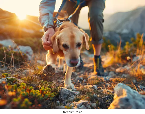 Silhouetted Hiker and Dog at Sunset on Mountain Trail