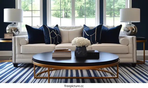 Modern Living Room with Navy Blue Accents