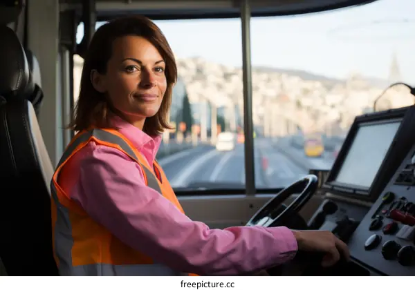 portrait of a female bus driver in uniform smiling