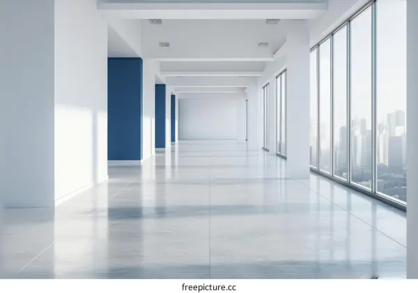 An empty office space with large windows and a blue wall