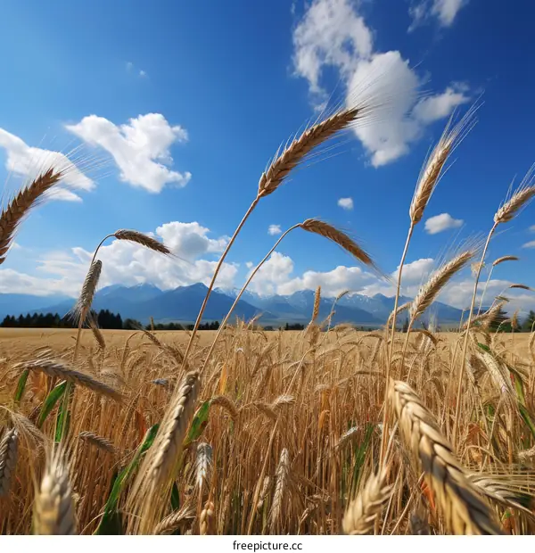 A Golden Field of Wheat with Mountains in the Background