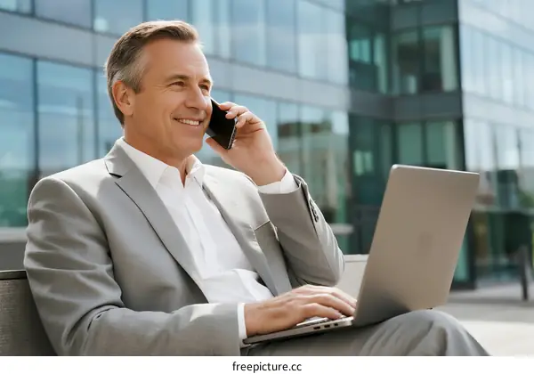 Mature businessman talking on phone while using laptop outdoors