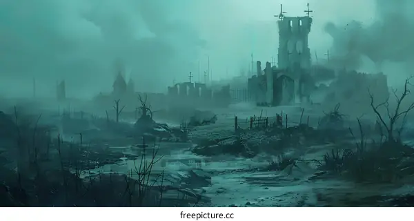 Ruined Church in a Foggy Landscape