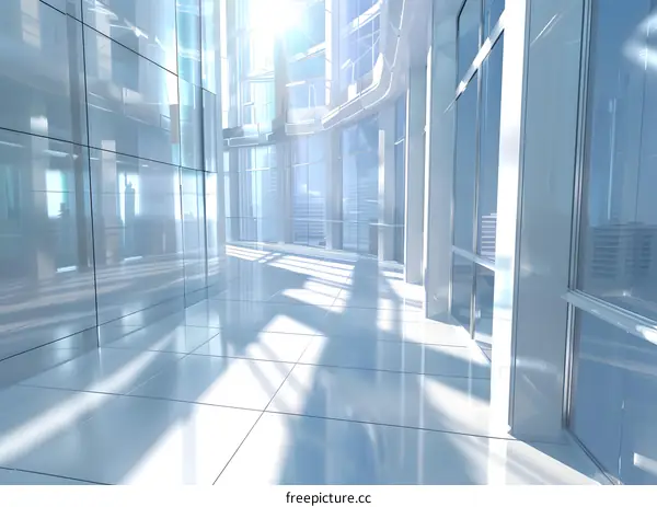 Modern Office Interior with Large Windows and Sunbeams