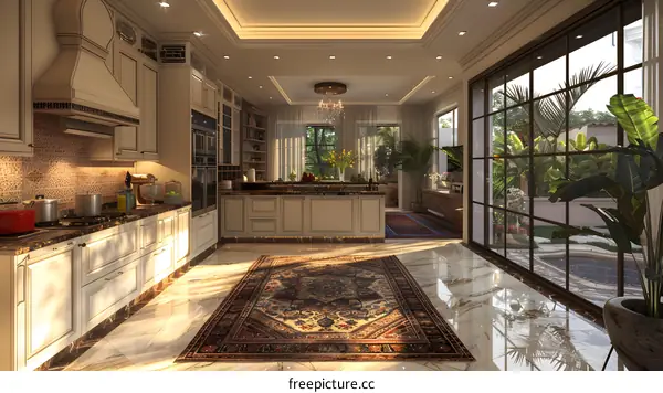 A beautiful kitchen with a large island and a view of the pool