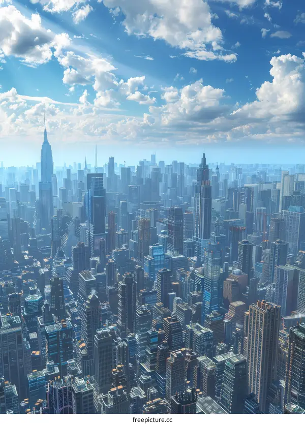 A metropolis with skyscrapers piercing the sky