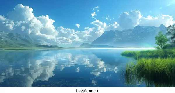 Serene Mountain Lake Scenery Illustration